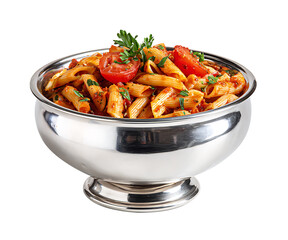 Pasta with tomato sauce and vegetables served as a fresh and healthy meal on a plate, vegetable tomato penne pasta filled a white bowl on wooden background.
