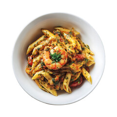 Pasta with tomato sauce and vegetables served as a fresh and healthy meal on a plate, vegetable tomato penne pasta filled a white bowl on wooden background.