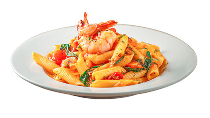 Pasta with tomato sauce and vegetables served as a fresh and healthy meal on a plate, vegetable tomato penne pasta filled a white bowl on wooden background.