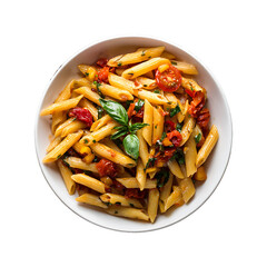 Pasta with tomato sauce and vegetables served as a fresh and healthy meal on a plate, vegetable tomato penne pasta filled a white bowl on wooden background.