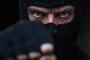 Man in balaclava punching, Close-up aggressive pose, Concept image for danger or crime theme