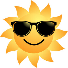 Sun in sun glasses isolated on a transparent background, summer or holiday graphic element