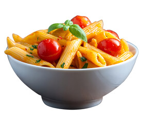 Pasta with tomato sauce and vegetables served as a fresh and healthy meal on a plate, vegetable tomato penne pasta filled a white bowl on wooden background.
