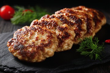 Juicy pan fried cutlets on slate, Garnished with fresh dill, Concept for rustic homemade meal