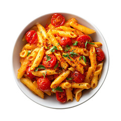Pasta with tomato sauce and vegetables served as a fresh and healthy meal on a plate, vegetable tomato penne pasta filled a white bowl on wooden background.