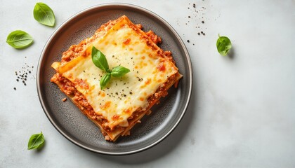 Delicious Meat Lasagna Topped With Fresh Basil And Parmesan Cheese On A Gray Concrete Plate. Top View With Ample Copy Space. Traditional Italian Cuisine.