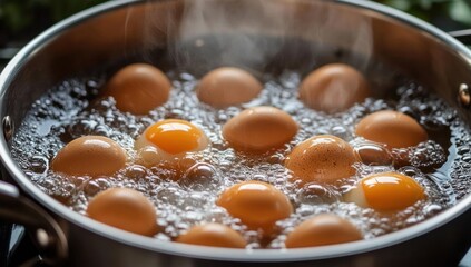 Close-up of multiple brown eggs boiling in a pot with visible steam and bubbling water