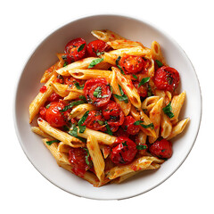 Pasta with tomato sauce and vegetables served as a fresh and healthy meal on a plate, vegetable tomato penne pasta filled a white bowl on wooden background.