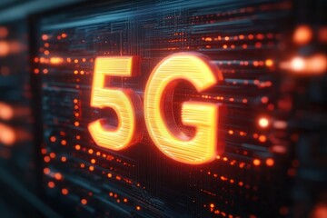 Bright glowing orange 5G text over a dark digital circuit board background with numerous small orange lights signaling high technology and fast communication