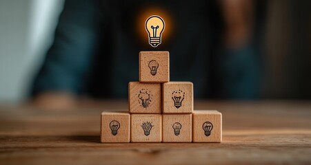 wooden blocks arranged in a pyramid with hand-drawn light bulb icons and glowing light bulb graphic at the top block symbolizing ideas and innovation