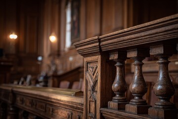 Wooden Defendant Dock in Historic Courtroom Interior