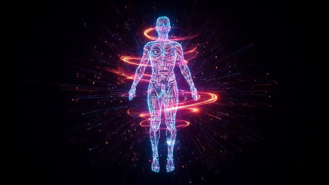 Abstract data forming human silhouette in glowing digital style  