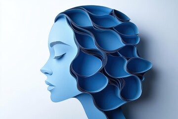 Profile of a serene female face in soft blue tones with stylized layered hair resembling flowing paper or waves, evoking calm and elegance