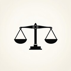 Black silhouette of a traditional balance scale with two equal pans on a light beige background representing fairness and justice