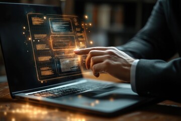Close-up of businessman interacting with glowing futuristic digital interface projected above laptop keyboard in dimly lit office