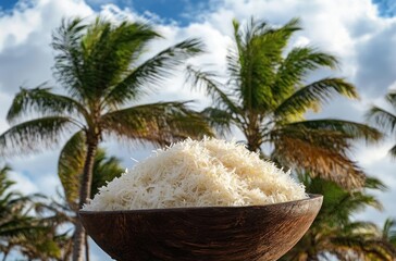 Close-up of a wooden bowl filled with cooked white rice with green palm trees and a partly cloudy sky in the background on a sunny day