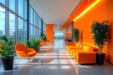 Bright modern office hallway with large windows, orange walls, orange seating, green plants, and reflective light creating a lively and welcoming atmosphere