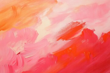 Abstract brushstrokes of warm colors blending pink, red, orange, and peach tones creating a dynamic and vibrant painted texture
