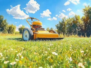 bright yellow lawn mower on green grass field under a vibrant blue sky with fluffy white clouds surrounded by tall trees on a sunny day