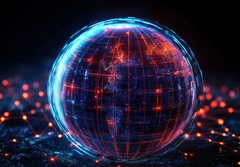 Digital globe with neon blue and red grid lines and glowing data points representing global network connections in a futuristic style