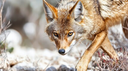 Obraz premium Coyote In Natural Habitat With Intense Gaze. Wildlife Photography Capturing Predatory Instincts