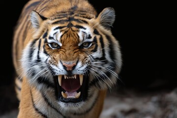 Naklejka premium Tiger roaring in darkness, Fierce wild animal face, Concept for threat or raw nature force