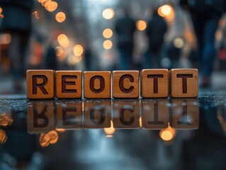 wooden blocks with letters arranged in a random order reflecting on a wet surface with blurred city street lights and people in the background