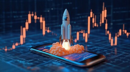 3d futuristic rocket launching from a smartphone screen surrounded by digital stock market charts indicating financial growth and technology innovation