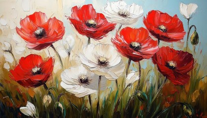Vibrant red and white poppies blooming in a textured field with soft blue sky background, evoking a sense of natural beauty and tranquility