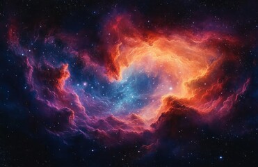Vibrant cosmic nebula glowing with fiery orange and purple gas clouds surrounded by countless shining stars in deep space