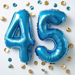 Shiny metallic blue balloons in the shape of number 45 surrounded by scattered gold and blue confetti on a white background, festive and celebratory atmosphere