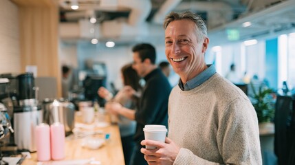 Warm coffee and coworker bonding moment in staff lounge, man smiling while holding cup.