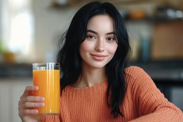young woman with dark hair and warm smile holding a glass of orange juice in a cozy kitchen setting wearing an orange sweater