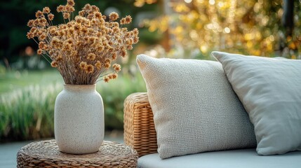 Cozy outdoor seating area with woven wicker furniture, textured cushions, and a ceramic vase holding dried flowers bathed in warm natural sunlight