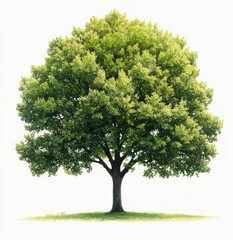 A large healthy green tree with dense foliage standing alone on a small grassy patch under clear lighting