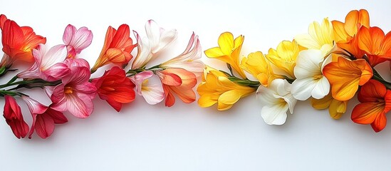 Vibrant horizontal arrangement of fresh orange, yellow, white, pink, and red flowers against a clean white background, creating a lively and cheerful atmosphere