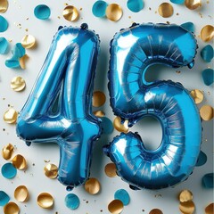 Shiny blue foil balloons shaped as number 45 surrounded by blue and gold confetti with a festive celebratory mood