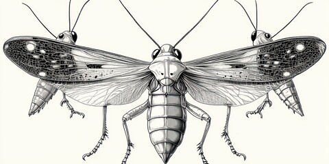 Detailed black and white illustration of three locusts with large transparent wings and segmented bodies displayed in symmetrical formation