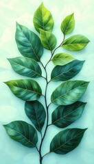 Illustration of a single plant branch with a combination of green and blue-green leaves on a soft gradient background evoking calm and natural beauty
