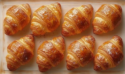 Top view of eight freshly baked golden brown croissants arranged neatly on a light wooden surface evoking warmth and deliciousness