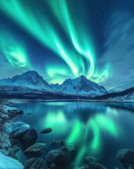 Vivid green northern lights dancing over snow-covered mountains reflecting on a calm lake under a starry night sky