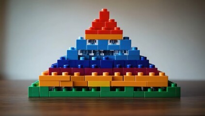 Colorful pyramid constructed from interlocking plastic building blocks arranged in horizontal layers on a wooden surface with neutral background
