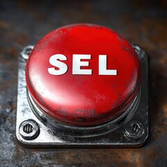 Close-up of a weathered red emergency button with the word 'SEL' on a metallic base against a rusty background