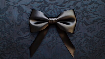 Elegant black satin bow tied neatly against a textured dark floral fabric background, conveying sophistication and formality