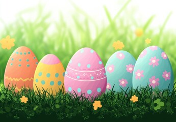 Fototapeta premium Colorful decorated Easter eggs with polka dots and floral patterns arranged in green grass with small yellow flowers under bright daylight