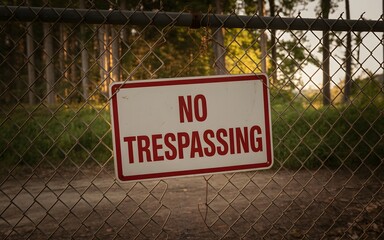 Restricted Area Sign Blocking Access to Lush Green Woodland