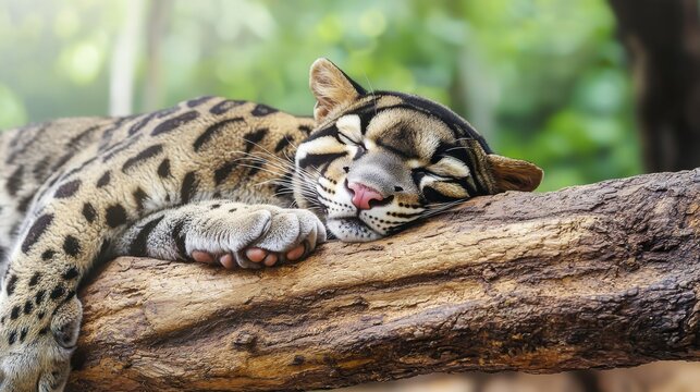 Clouded Leopard Peacefully Sleeping On A Tree Branch In Lush Forest. Wildlife Tranquility And Natural Beauty - Powered by Adobe