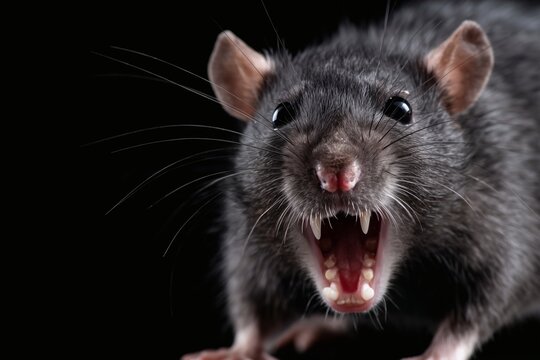 Angry aggressive rat showing teeth, Close-up rodent snarl, Concept for fear, danger or urban wildlife