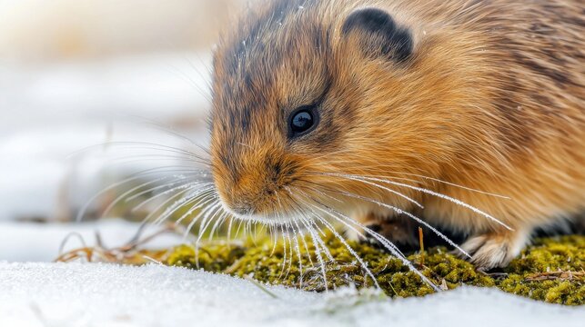 Close-Up Of A Lemming In Snowy Habitat. Lemming Exploring Winter Environment With Frosty Whiskers