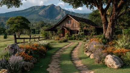 Scenic Rustic Hideaway: An inviting wooden cabin nestles amidst a vibrant garden and majestic mountains, beckoning one to experience the tranquility and charm of rural life.